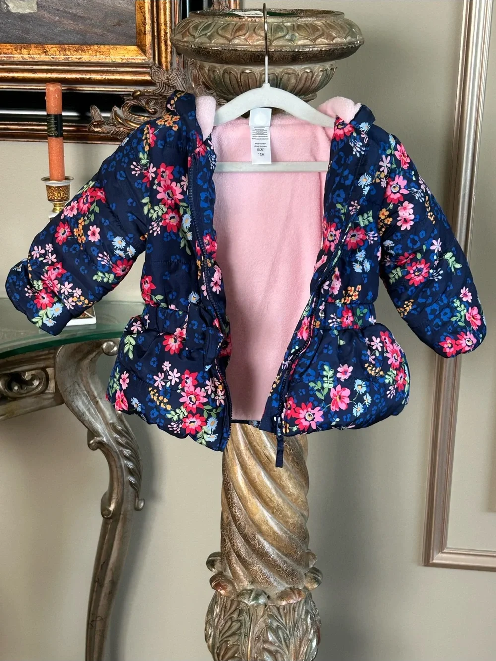 Little Me Baby Girls Navy Floral Bow Puffer Coat Pink Fleece Size 12M